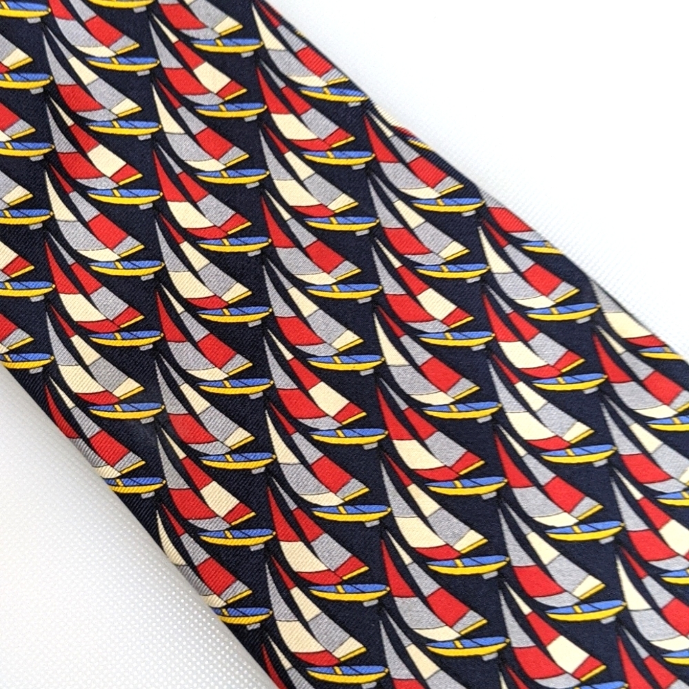 VTG Handmade UTOPIA Silk Tie Sailboats Navy Blue Bright Red Yellow Gray Cream